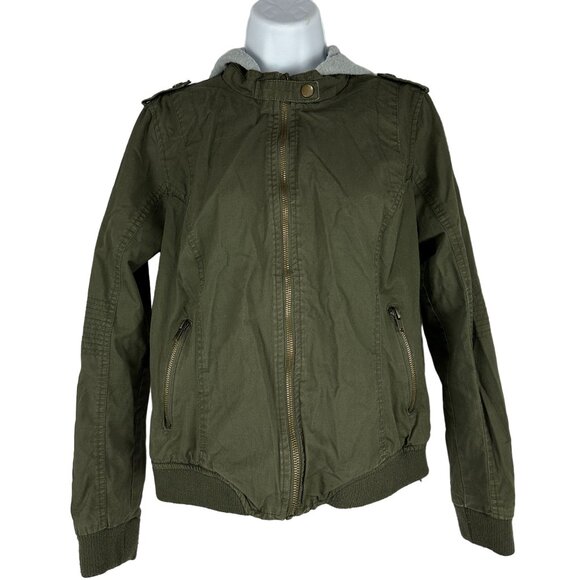 B Sweet Olive Green Womens Bomber Jacket Medium Zip Up Hooded Casual Lightweight - Picture 1 of 7